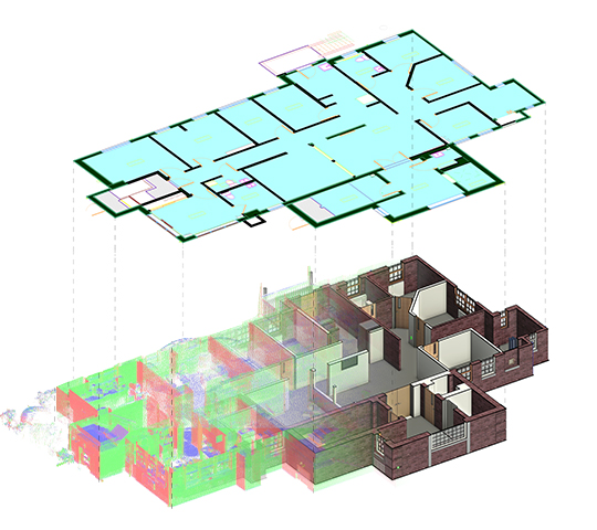 Point cloud to CAD conversion showing architectural floor plan deliverables
